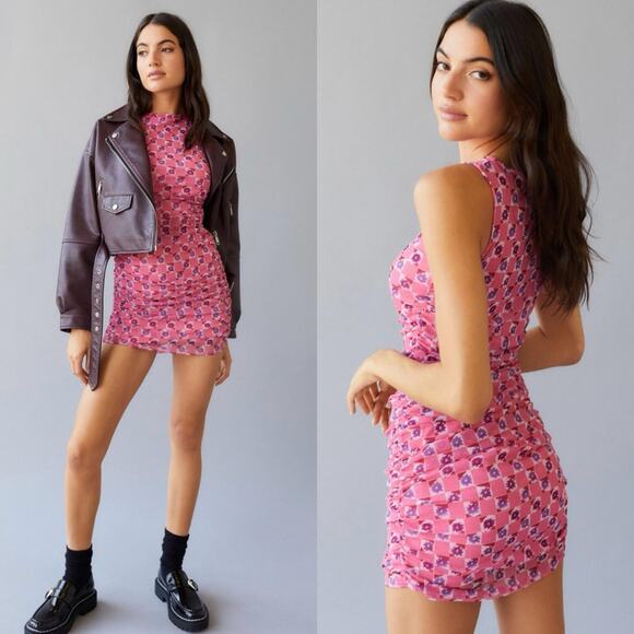 NWT UO Urban Outfitters Austin Ruched Mesh DressY2K Mini Floral Pink Size S - Picture 1 of 16